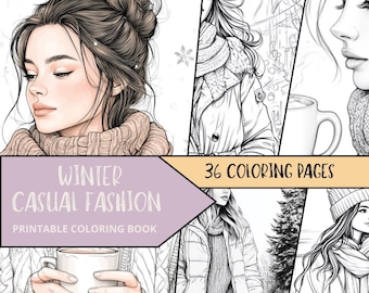 May include: A printable coloring book with 36 pages featuring winter casual fashion illustrations. The cover shows a woman with long brown hair wearing a knitted sweater and holding a mug.