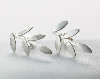 Silver or Brass Long Leaf Post Earring, Tree Branch Stud Earrings, Rustic, Earthy, Olive Tree Earrings, Gift for Mom, Bar Stud