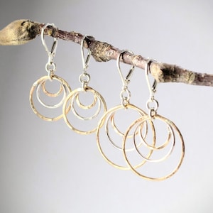 Triple Hoop Earrings, Two Tone Hoops, Hoops with Leverback, Gold Filled and Sterling, Hammered Hoops, Double Hoop Dangle, Leightweight