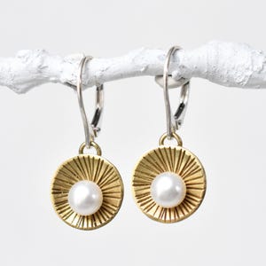 Freshwater Pearl Dangle Earrings, Sunray Pearl Earrings, Brass Sunburst Earrings, Leverback, Boho Gold Dangle Earrings,Handmade Gift for Her