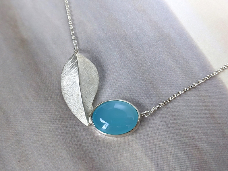 Brushed Sterling Silver and Glacier Blue Chalcedony Cabochon Blue Chalcedony Leaf Necklace