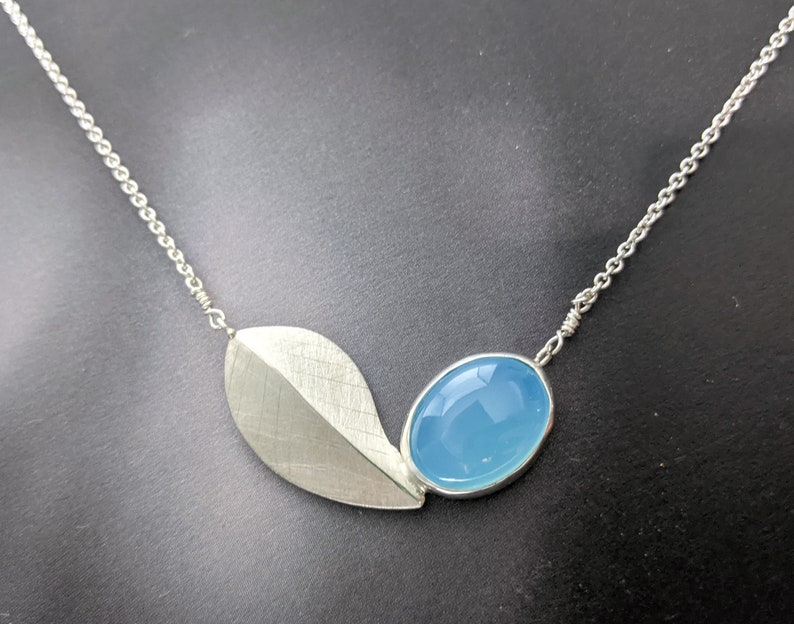 Brushed Sterling Silver and Glacier Blue Chalcedony Cabochon Blue Chalcedony Leaf Necklace