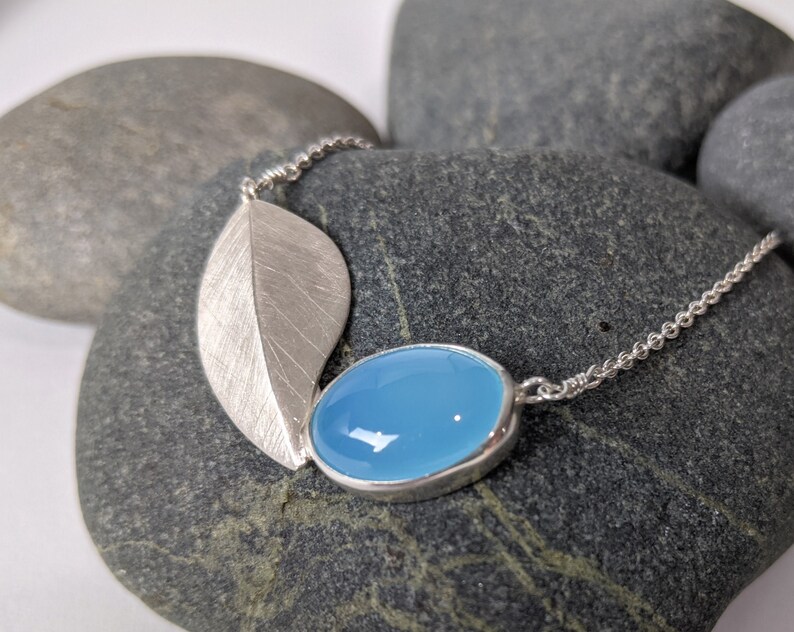 Brushed Sterling Silver and Glacier Blue Chalcedony Cabochon Blue Chalcedony Leaf Necklace