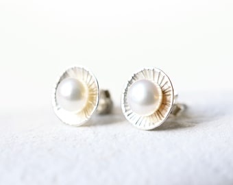 Freshwater Pearl and Silver Posts, Sterling Silver Button Earrings, Silver Circle Pearl Stud , Circle Stud Earring, Black and White Studs