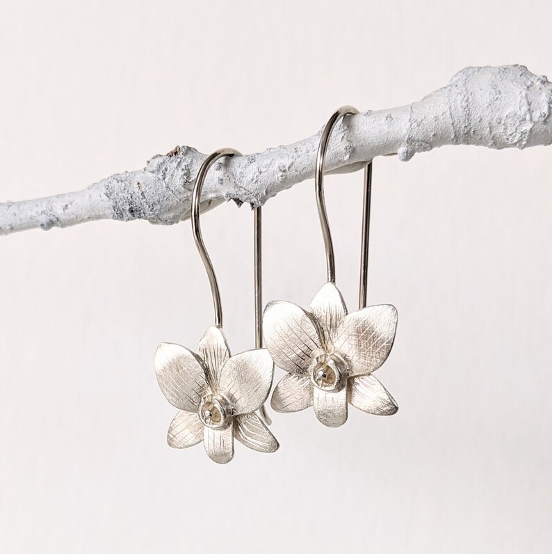 Silver Orchid Earring sterling flower matte finish Etsy