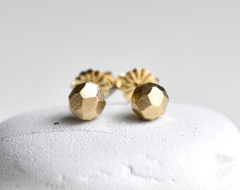 Solid Gold Stud Earring,  Faceted Gold Post, 14 kt Gold, 3rd Hole, Gold Nugget, Recycled Gold, Handmade, Gift for Her, Tiny Post