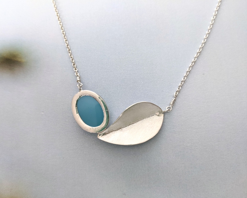 Brushed Sterling Silver and Glacier Blue Chalcedony Cabochon Blue Chalcedony Leaf Necklace