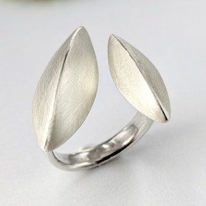 Pod Ring Sterling Silver, Adjustable Size Open Shank, Brushed Silver Ring, U Shaped Ring, size 7, 8, 9