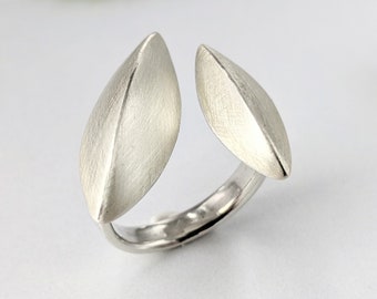 Pod Ring Sterling Silver, Adjustable Size Open Shank, Brushed Silver Ring, U Shaped Ring, size 7, 8, 9