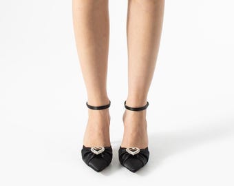 Black Crystal Heart Stiletto Heels: Elegant Ankle Strap Evening Shoes