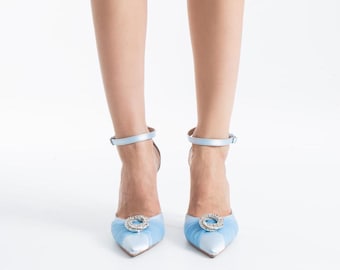 Senna Baby Blue Satin Crystal Detailed Evening Shoes 100