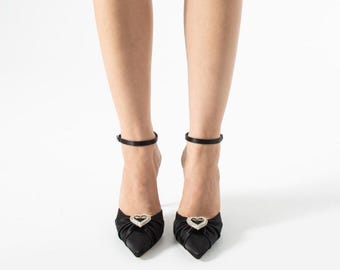 Amora Black Heart Satin Pumps – Handmade 10 cm Crystal Evening Heels