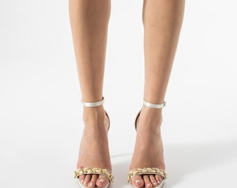 Daphne Stone Embellished White Bridal Heels – Satin Ankle Strap Wedding Shoes