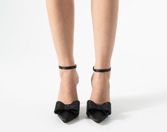 Black Bow Stiletto Heels – Elegant Satin Party Shoes with Crystal Detailing