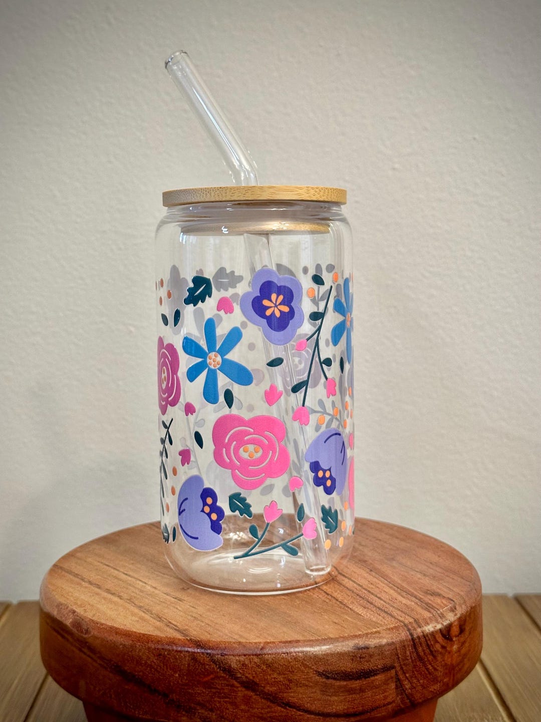 Floral Glass Can Tumbler | Iced Coffee Cup With Bamboo Lid & Straw - Etsy