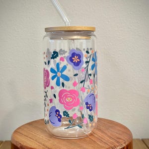 Flowers Glass Cup | Glass Tumbler with Bamboo Lid and Straw | Iced Coffee Cup