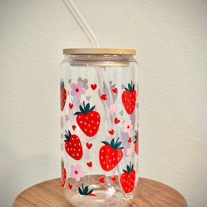 Cute Strawberry Glass Cup | Glass Tumbler with Bamboo Lid and Straw | Iced Coffee Cup