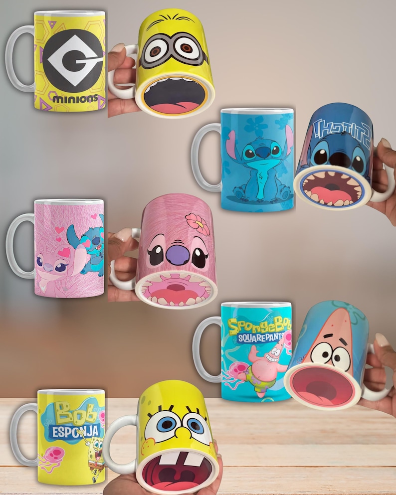 Cartoon Character Coffee Mug | 11oz Ceramic Cup | Fun Kids Mug | SpongeBob, Patrick, Stitch, Minions | Handwash Only | Gift for Fans image 1