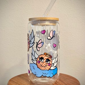 Cute Angels Glass Cup | Glass Tumbler with Bamboo Lid and Straw | Iced Coffee Cup