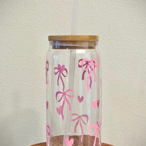 Cute Hearts/Coquette Glass Cup | Glass Tumbler with Bamboo Lid and Straw | Iced Coffee Cup