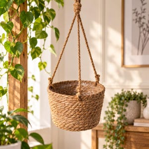 May include: A hanging planter basket crafted from thick, natural-coloured twisted rope. The cylindrical container features a clear plastic liner inside and is suspended by three matching rope cords that meet at a single knot at the top.