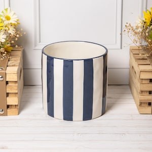 Blue & White Striped Flower Pot Ceramic Glazed Large Indoor Planter