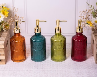 Vintage Soap Dispensers Ribbed Pink Green Orange Blue Glass Refillable Gold Pump
