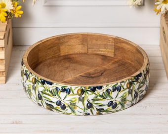 Olive Enamelled Mango Wood Salad Serving Bowl Large Fruit Dish 30cm