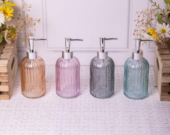 Vintage Soap Ribbed Glass Grey Pink Orange Blue Lotion Dispensers Silver Pump