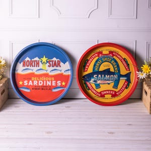 Set 2 sardines zalm retro vis schaaltjes ronde staaf drankjes metalen theeblad