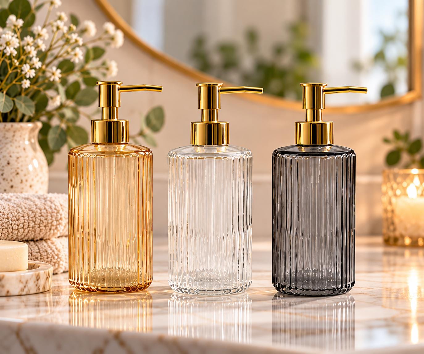 Shampoo bottles with gold pump