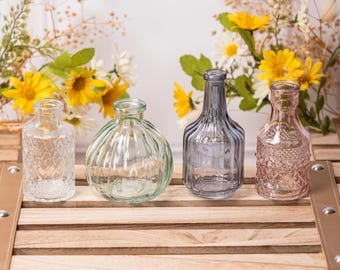 Set 4 Vintage Ribbed Glass Bottles Small Bud Posy Vases Pink Lilac Green & Clear