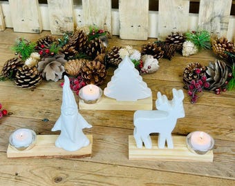 White Ceramic Santa Reindeer Christmas Tree Tealight Candle Holder Wood Base