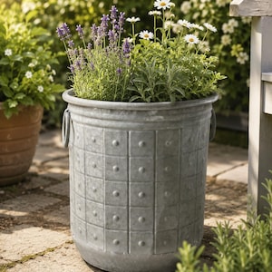 May include: A cylindrical galvanised metal planter featuring a grid pattern with raised circular studs and two side handles. The planter is filled with a variety of green foliage, purple lavender stalks, and white daisy flowers with yellow centres.