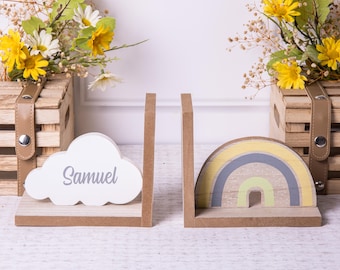 Personalised Rainbow & Cloud Wooden Bookends