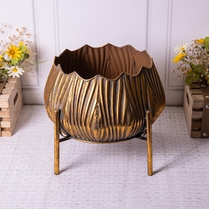 May include: A gold-coloured metal planter with a textured, ridged design. The planter has a scalloped rim and is supported by three slender, gold-coloured legs. The interior of the planter is a contrasting brown colour.