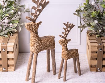 2 x Stag/ Reindeer Rattan & Wood Effect Decorative Rustic Christmas Ornament Set