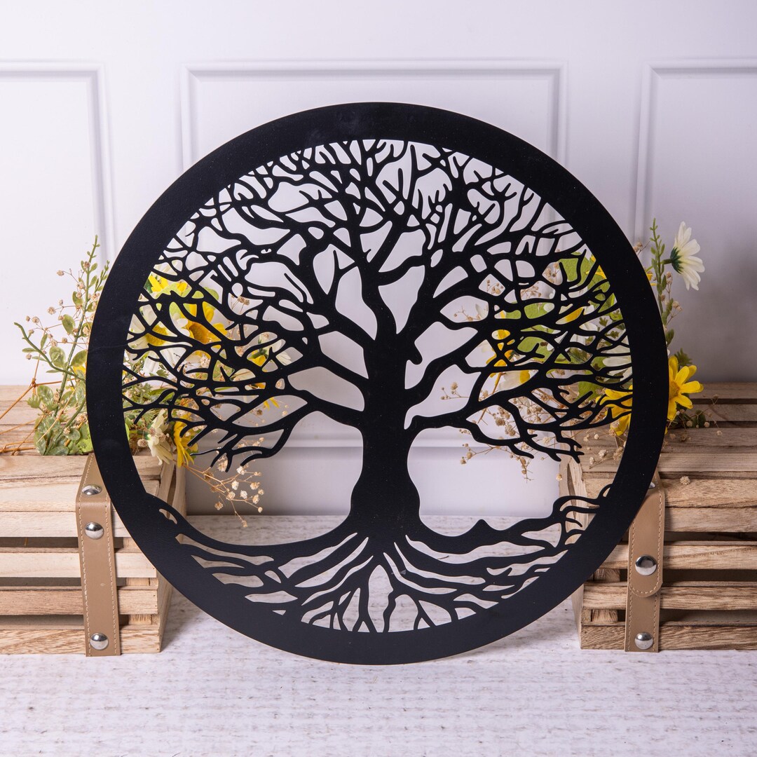 Black Tree of Life Metal Round Wall Art Garden Sculpture Plaque Home ...