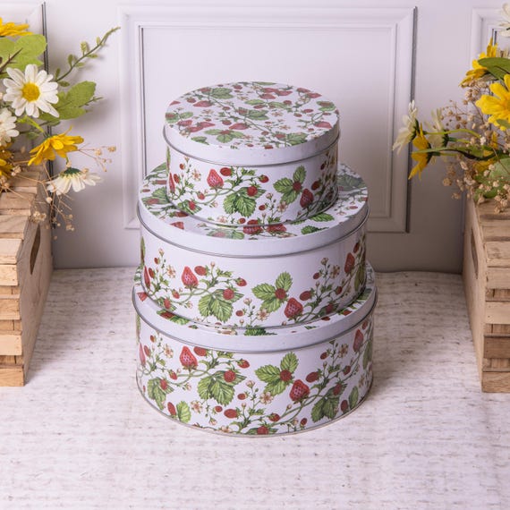 Set of Vintage Strawberry Round Cake Biscuit Storage Tins UK