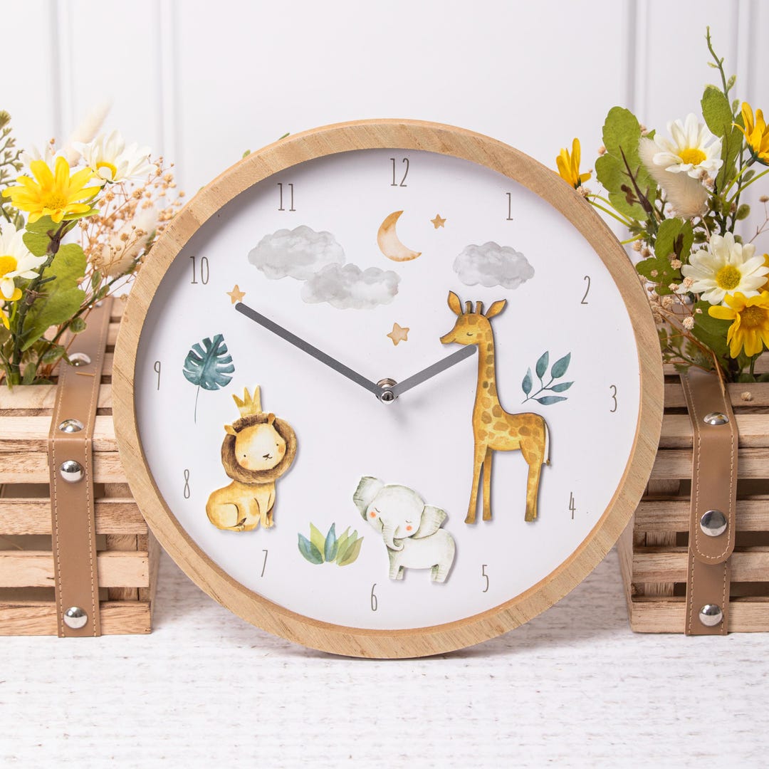Children's Baby Clock Animal Jungle Natural Wood Nursery Bedroom Wall ...
