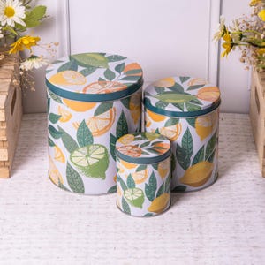 Puede incluir: Juego de tres recipientes cilíndricos de metal. Los recipientes tienen un fondo blanco con un estampado de cítricos, hojas verdes y rodajas de naranja. Las tapas y los bordes son de color verde azulado. Los recipientes son de diferentes tamaños.