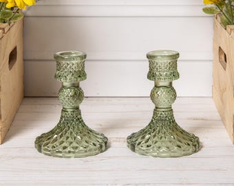 2 x Vintage Green Retro Glass Harlequin Dinner Candle Candlestick Holder Set