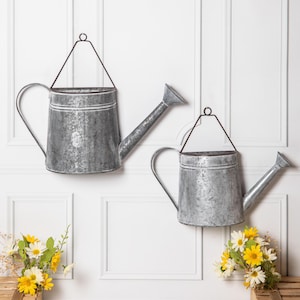 Op de afbeelding: Twee gegalvaniseerde metalen gieters hangen aan een witte muur. Elke gieter heeft een lange tuit, een grote handgreep en een metalen draad om op te hangen. De gieters hebben een rustieke grijze kleur en zijn versierd met bloemen.
