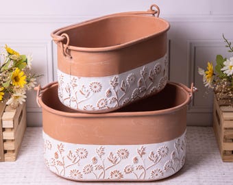 Metall Terrakotta Stil Oval Garten Pflanzer Indoor Blumentopf Weiß Blumenmuster