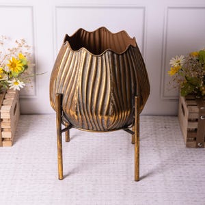 May include: An antique-style metal planter in a warm gold colour, featuring a textured, ribbed design. The planter sits on a matching stand. The top edge has a scalloped design. Suitable for indoor or outdoor use, the planter is a decorative item.