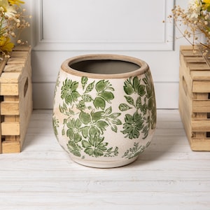 Vintage Grün Creme Floral Blumentopf Keramik Runde Steinzeug Blumentopf
