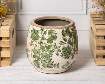 Vintage groene crème bloemen bloempot keramische ronde aardewerk bloembak
