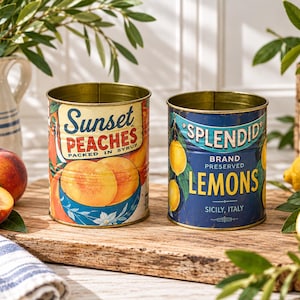 May include: Two vintage-style metal food cans. The left can is orange and yellow with the text Sunset PEACHES PACKED IN SYRUP. The right can is blue and yellow with the text SPLENDID BRAND PRESERVED LEMONS SICILY, ITALY. Both cans are open at the top.