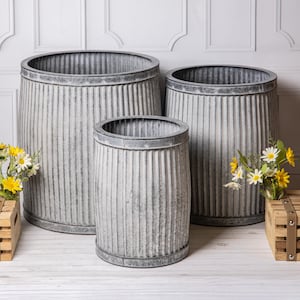 Metal Ribbed Flower Pot Planters Round Garden Vintage Large Dolly Tubs