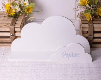 Personalised White Cloud Wood Floating Shelf Childrens Baby Nursery Bedroom Gift